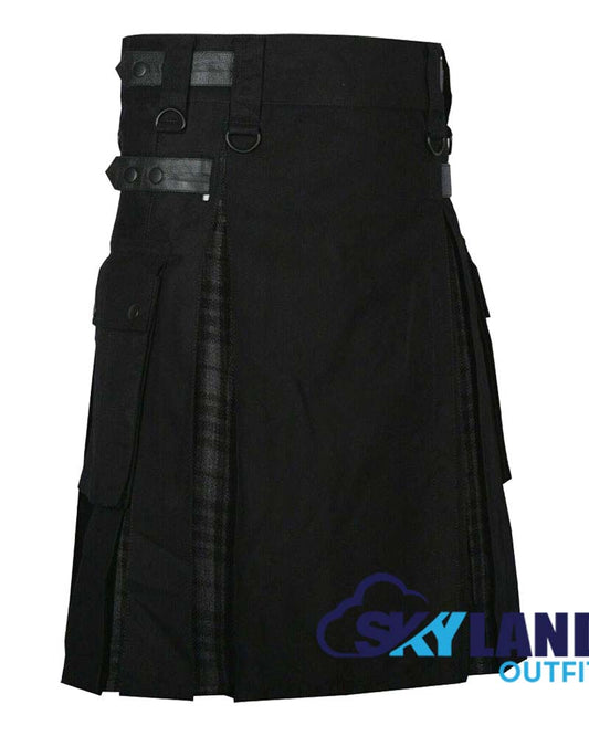 Hybrid Utility Kilts - Black Cotton & Grey Watch Tartan Kilt image 1