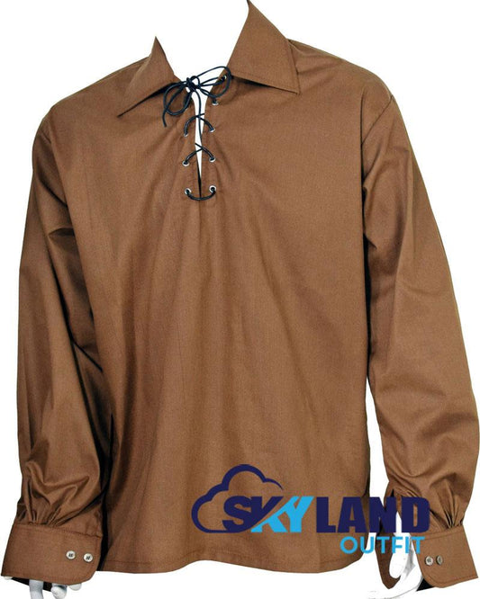 Jacobite Ghillie Kilt Shirt Brown Cotton Jacobean Full Sleeve Shirt image 1