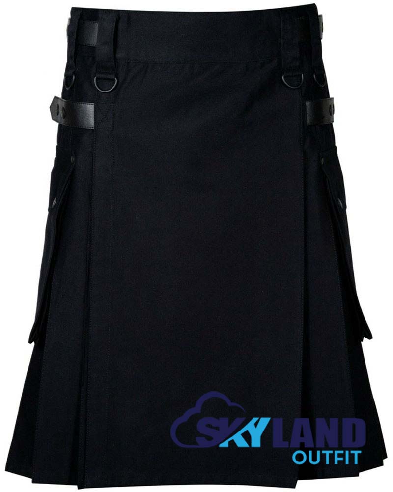 Black Cotton Utility Kilt with adjustable Leather Straps image 0