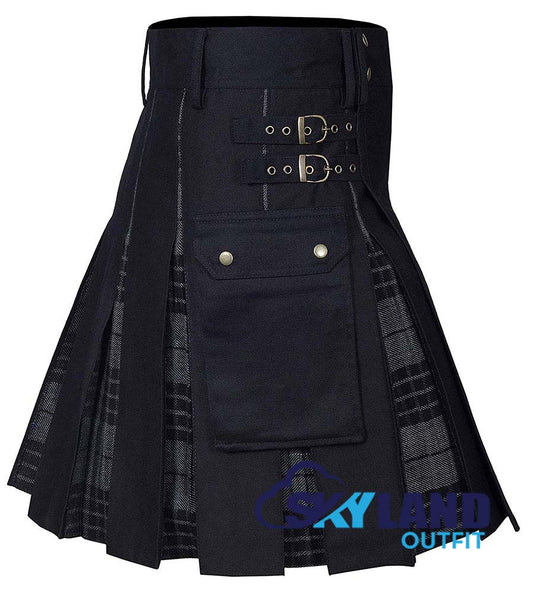 Hybrid Utility Kilts - Grey Watch Tartan & Black Cotton Kilt image 1