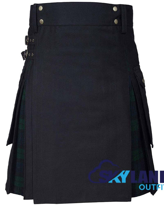 Hybrid Utility Kilts - Black Cotton & Black Watch Tartan Kilt image 0
