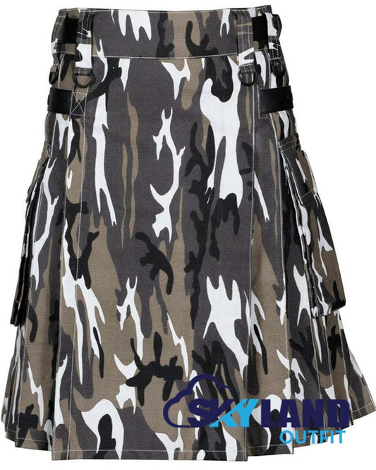 Grey Camouflage Utility Kilt with adjustable Leather Straps image 0