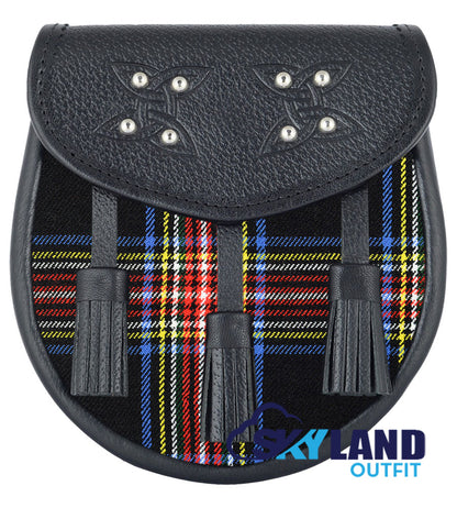 Black Stewart Tartan Sporran Custom Black Leather Sporran image 0