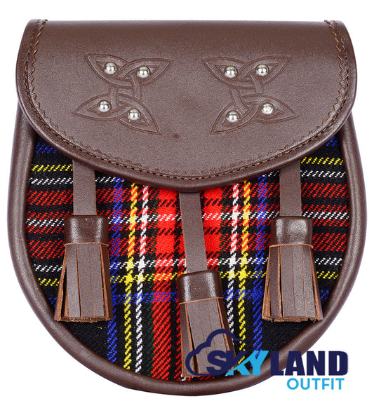 Black Stewart Tartan Sporran Brown Leather Scottish Sporran image 0