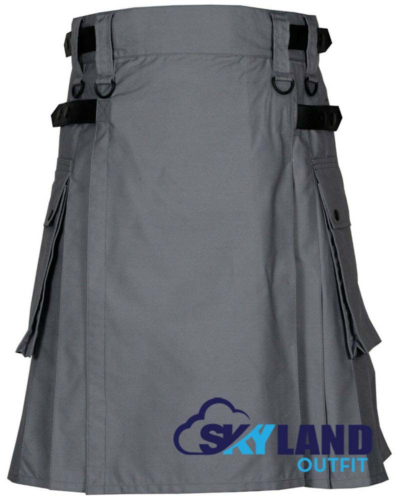 Grey Cotton Utility Kilt with adjustable Leather Straps image 0