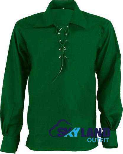 Jacobite Ghillie Kilt Shirt Green Cotton Jacobean Full Sleeve Shirt image 1