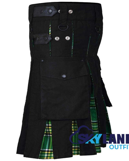 Hybrid Utility Kilts - Black Cotton & Irish Heritage Tartan Kilt image 2