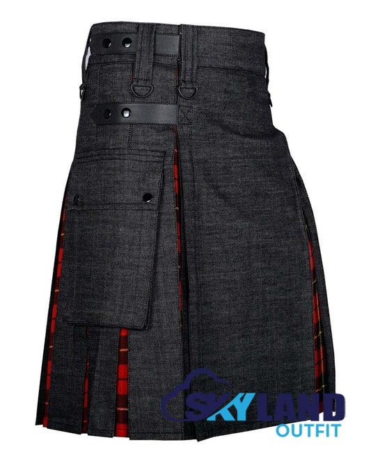 Hybrid Utility Kilts – Black Denim & Wallace Tartan Kilt image 1