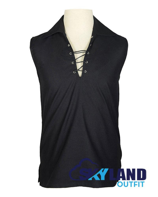 Jacobite Ghillie Kilt Shirt Black Cotton Jacobean Sleeveless Shirt image 0