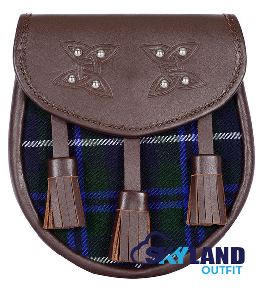 Blue Douglas Tartan Sporran Brown Leather Scottish Sporran image 0