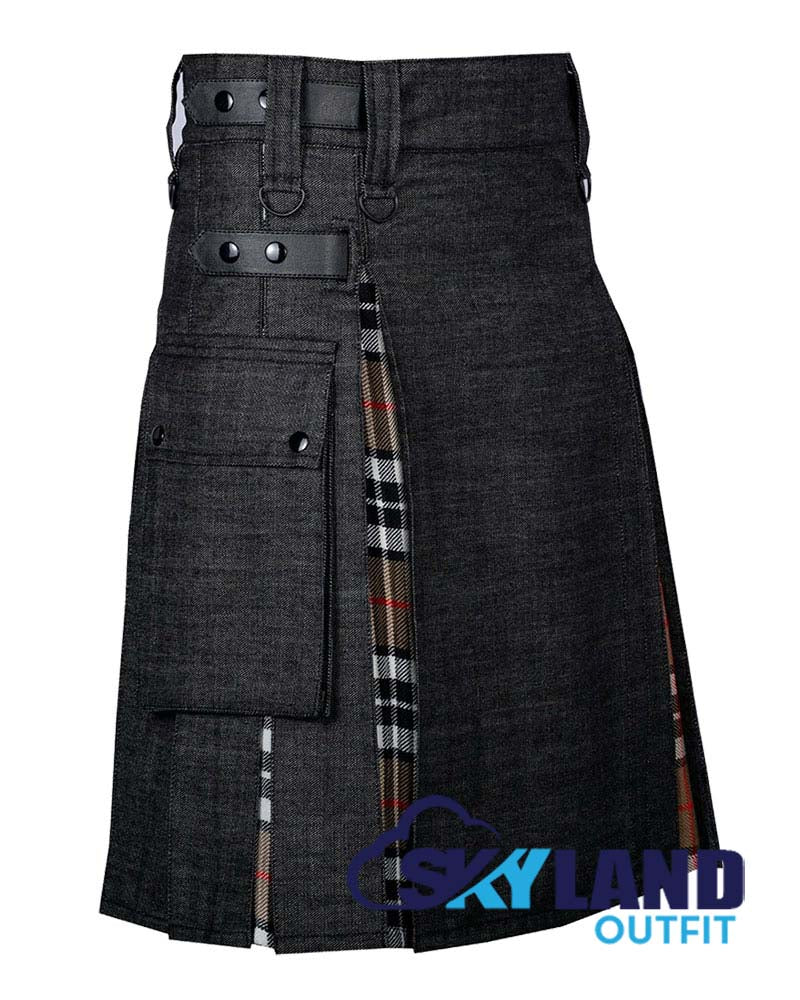 Hybrid Utility Kilts – Black Denim & Cambell Thompson Tartan Kilt image 1
