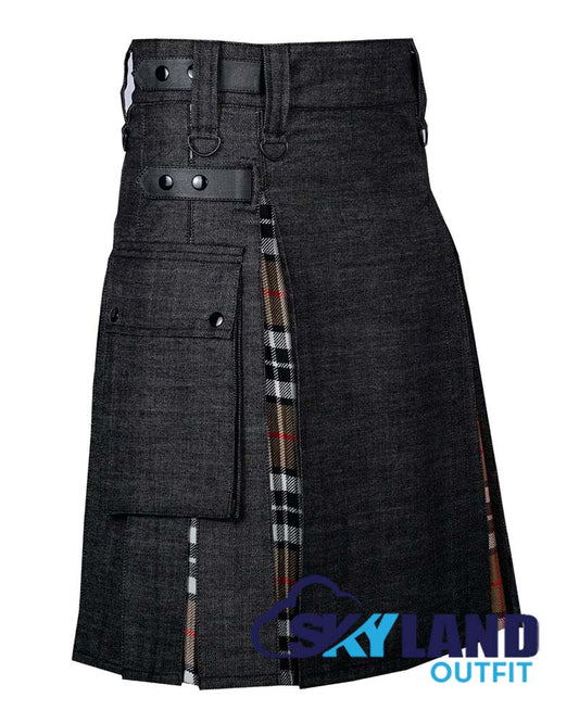 Hybrid Utility Kilts – Black Denim & Cambell Thompson Tartan Kilt image 1