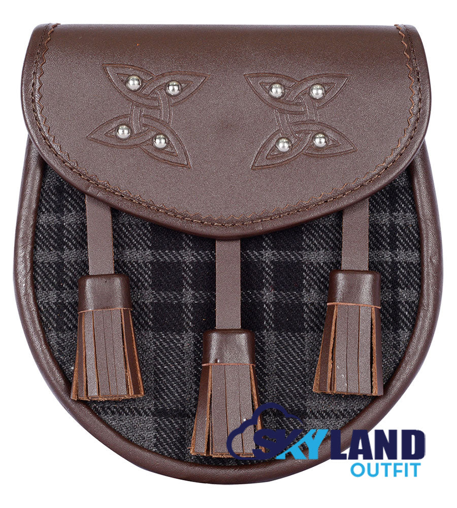 Grey Watch Tartan Sporran Brown Leather Scottish Sporran image 0