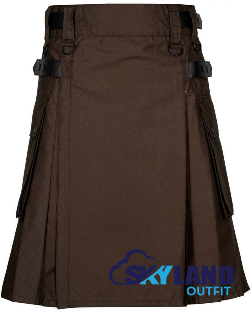 Brown Cotton Utility Kilt with adjustable Leather Straps image 0