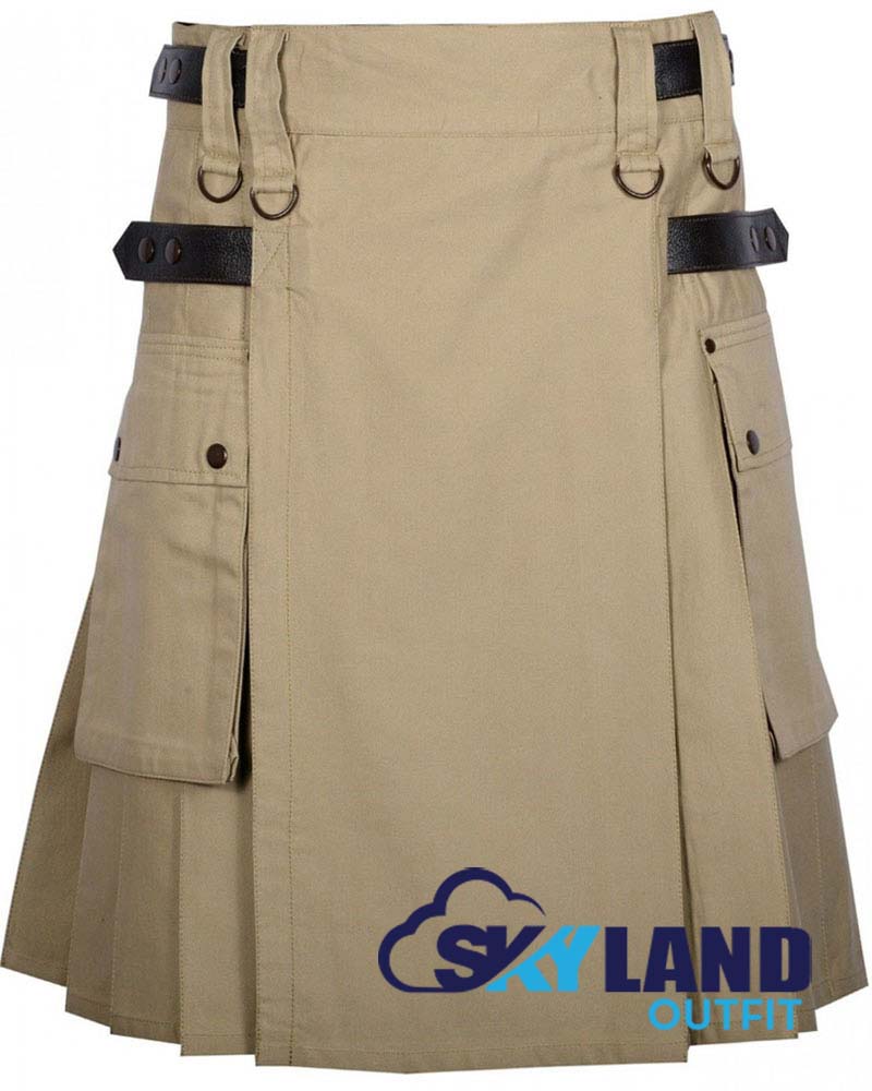 Khaki Cotton Utility Kilt with adjustable Leather Straps image 0