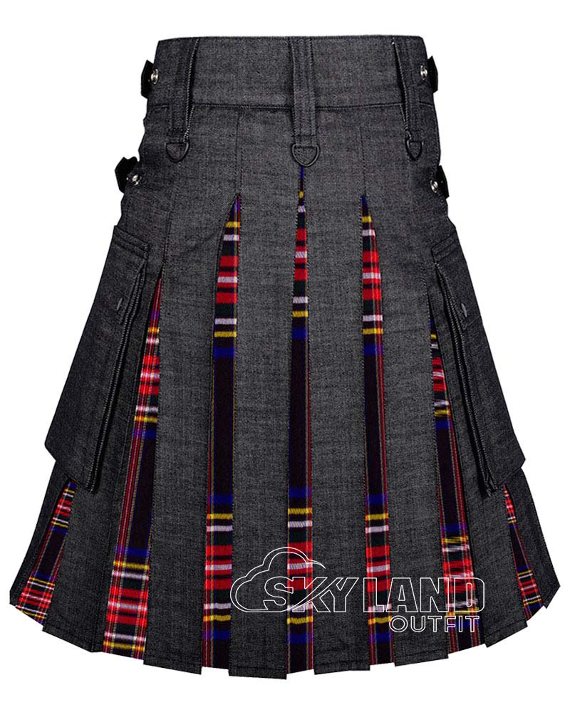 Hybrid Utility Kilts – Black Denim & Black Stewart Tartan