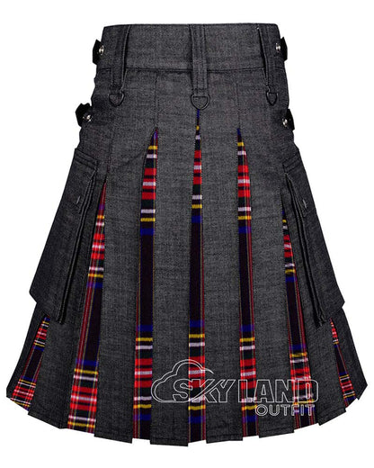 Hybrid Utility Kilts – Black Denim & Black Stewart Tartan