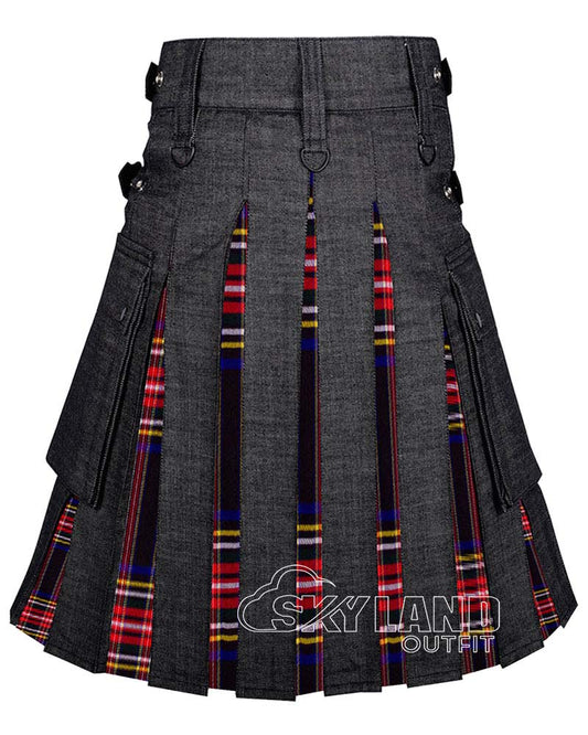 Hybrid Utility Kilts – Black Denim & Black Stewart Tartan