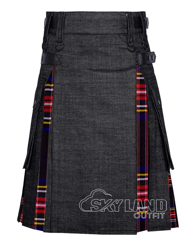 Hybrid Utility Kilts – Black Denim & Black Stewart Tartan