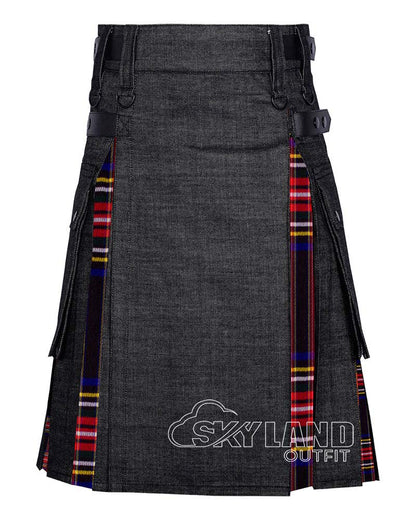 Hybrid Utility Kilts – Black Denim & Black Stewart Tartan