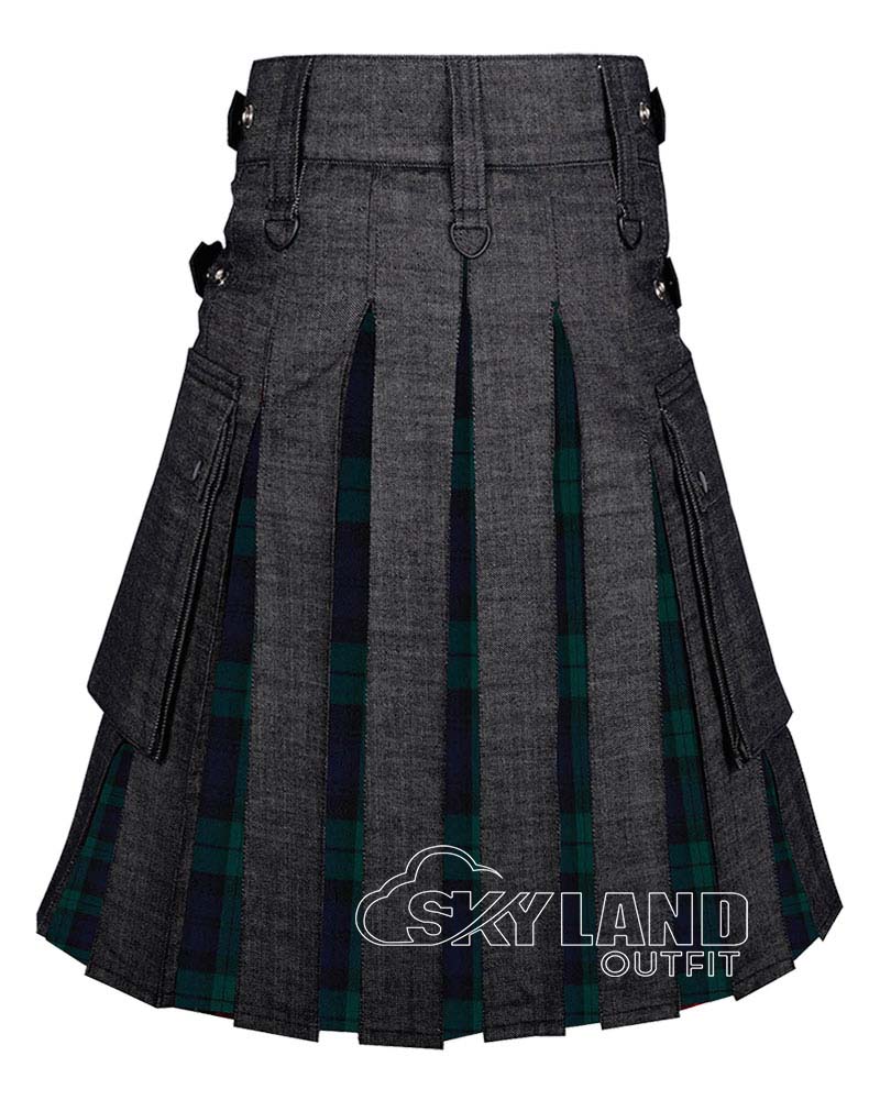 Hybrid Utility Kilts – Black Denim & Black Watch Tartan