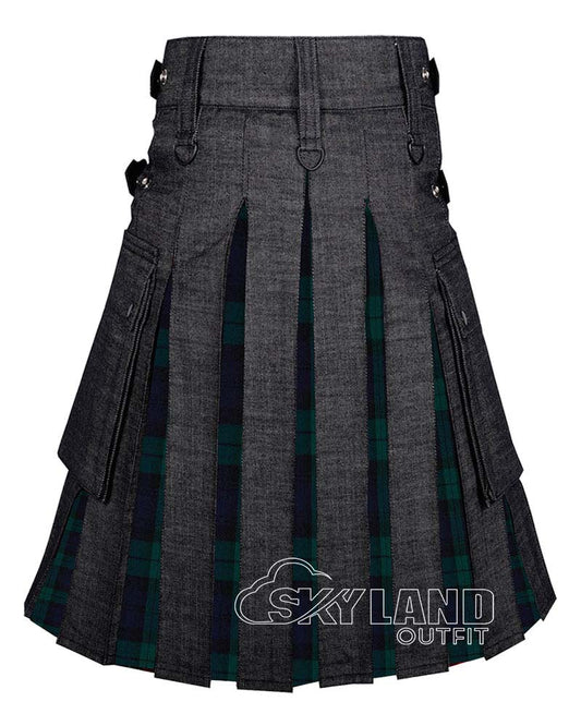 Hybrid Utility Kilts – Black Denim & Black Watch Tartan