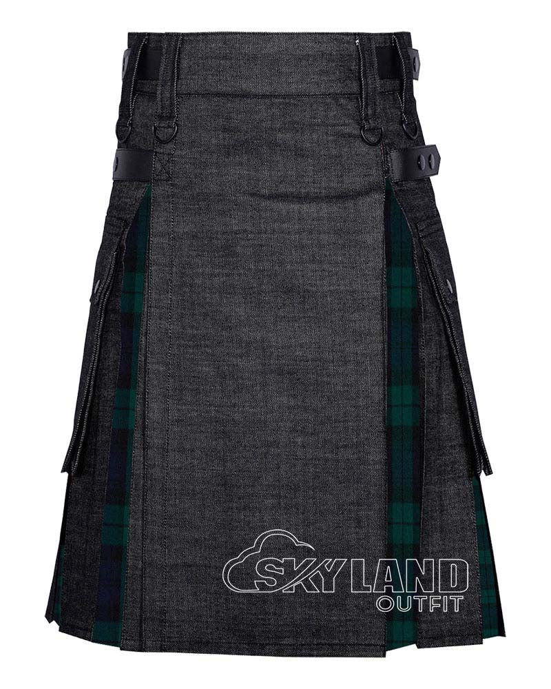 Hybrid Utility Kilts – Black Denim & Black Watch Tartan