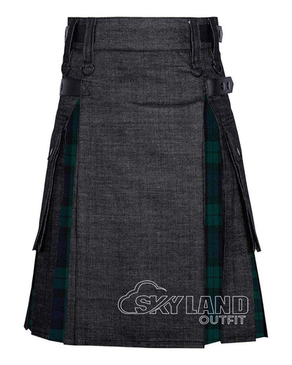 Hybrid Utility Kilts – Black Denim & Black Watch Tartan