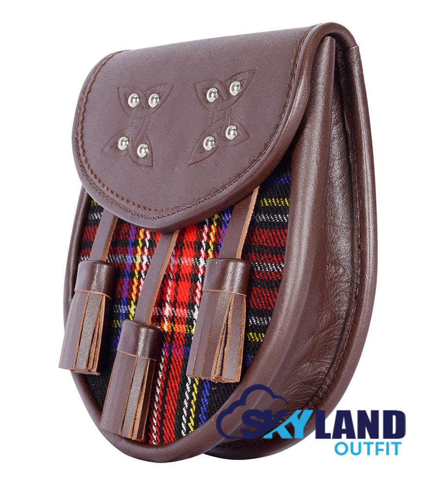 Black Stewart Tartan Sporran Brown Leather Scottish Sporran image 2