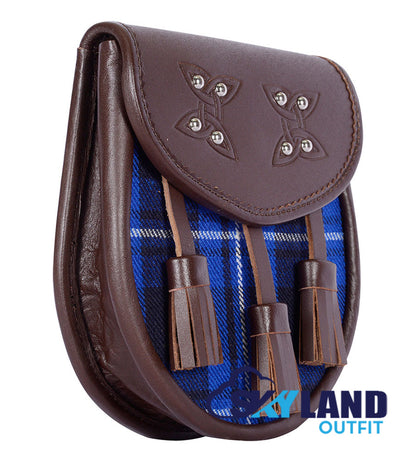 Ramsey Blue Tartan Sporran Brown Leather Scottish Sporran image 1
