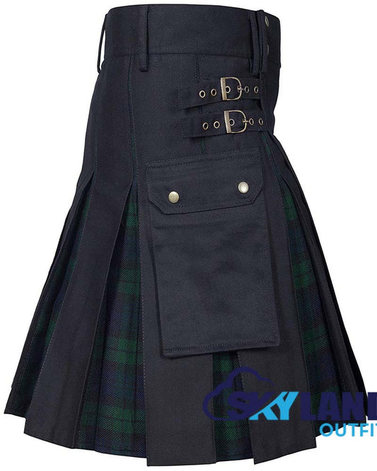 Hybrid Utility Kilts - Black Cotton & Black Watch Tartan Kilt image 1