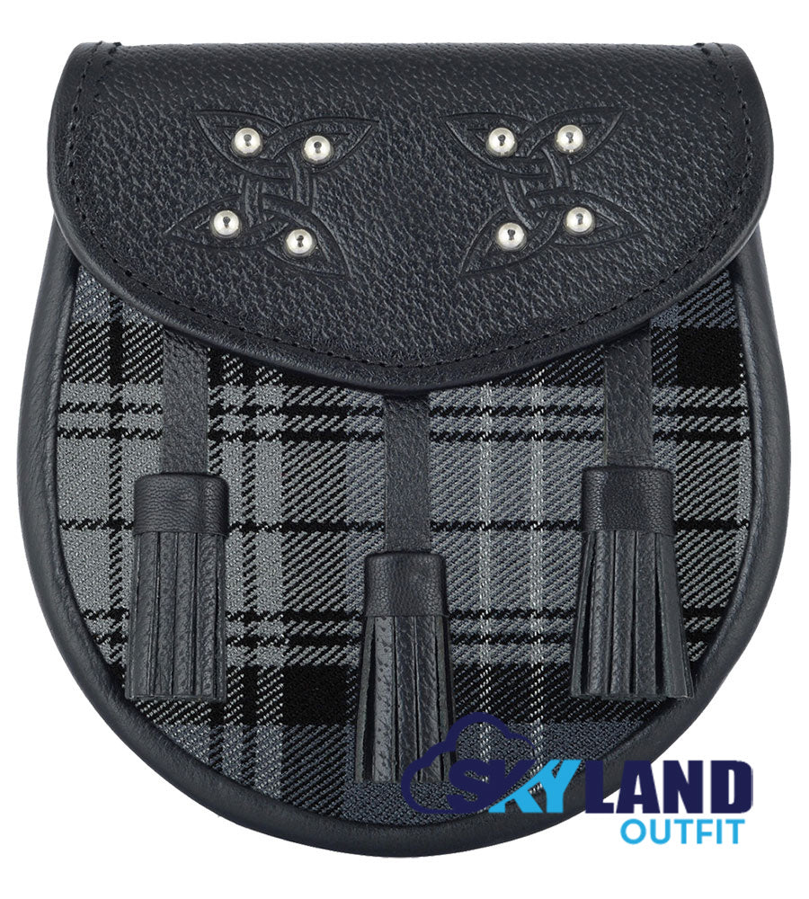 Hamilton Grey Tartan Sporran Black Leather Scottish Sporran image 0
