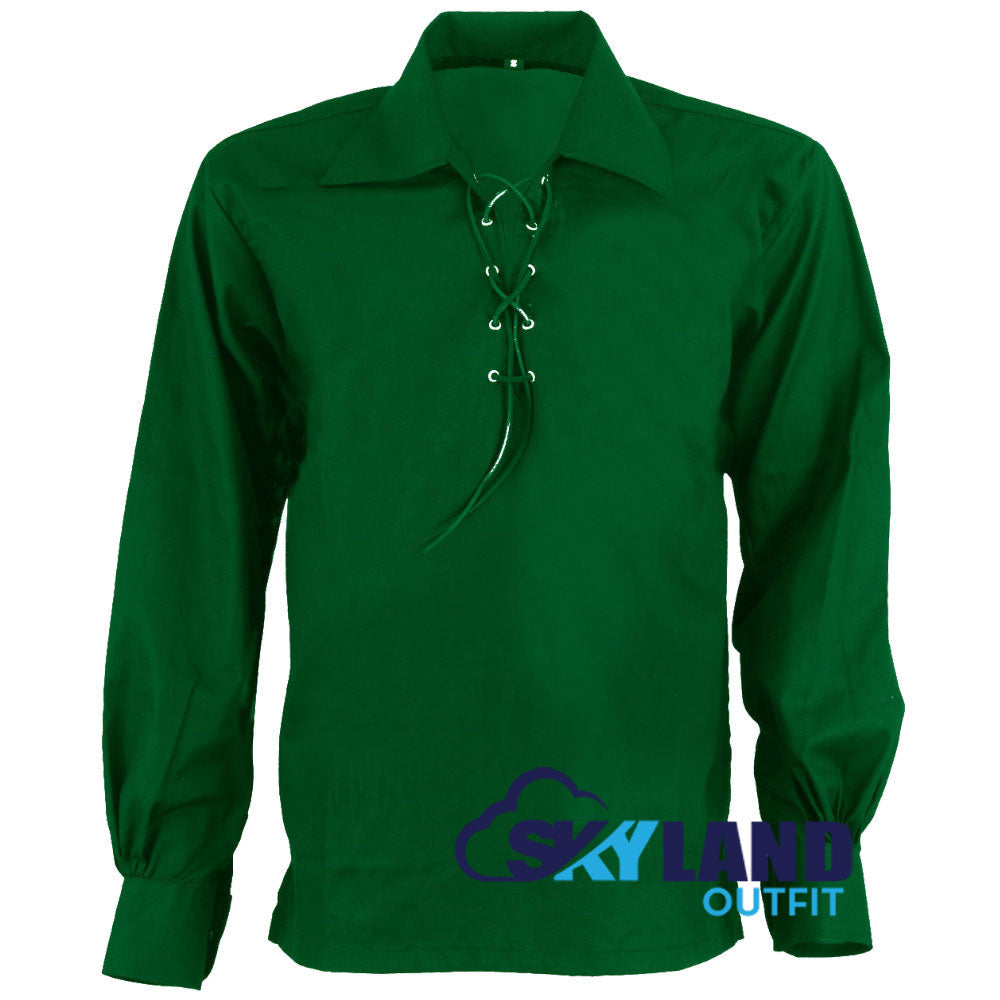 Jacobite Ghillie Kilt Shirt Green Cotton Jacobean Full Sleeve Shirt image 0