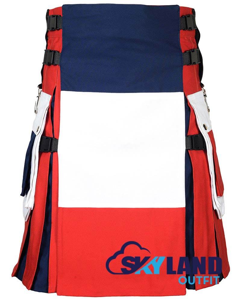 French Flag Utility Kilt – Handmade Cotton Patriotic Kilt for Men