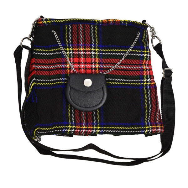 Black Stewart Tartan Ladies Kilt Shaped Purse, Tote Bag