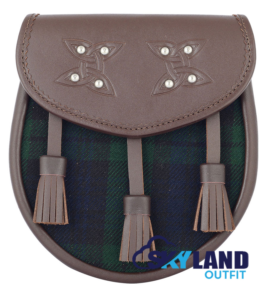 Black Watch Tartan Sporran Brown Leather Scottish Sporran