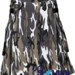 Grey Camouflage Utility Kilt with adjustable Leather Straps