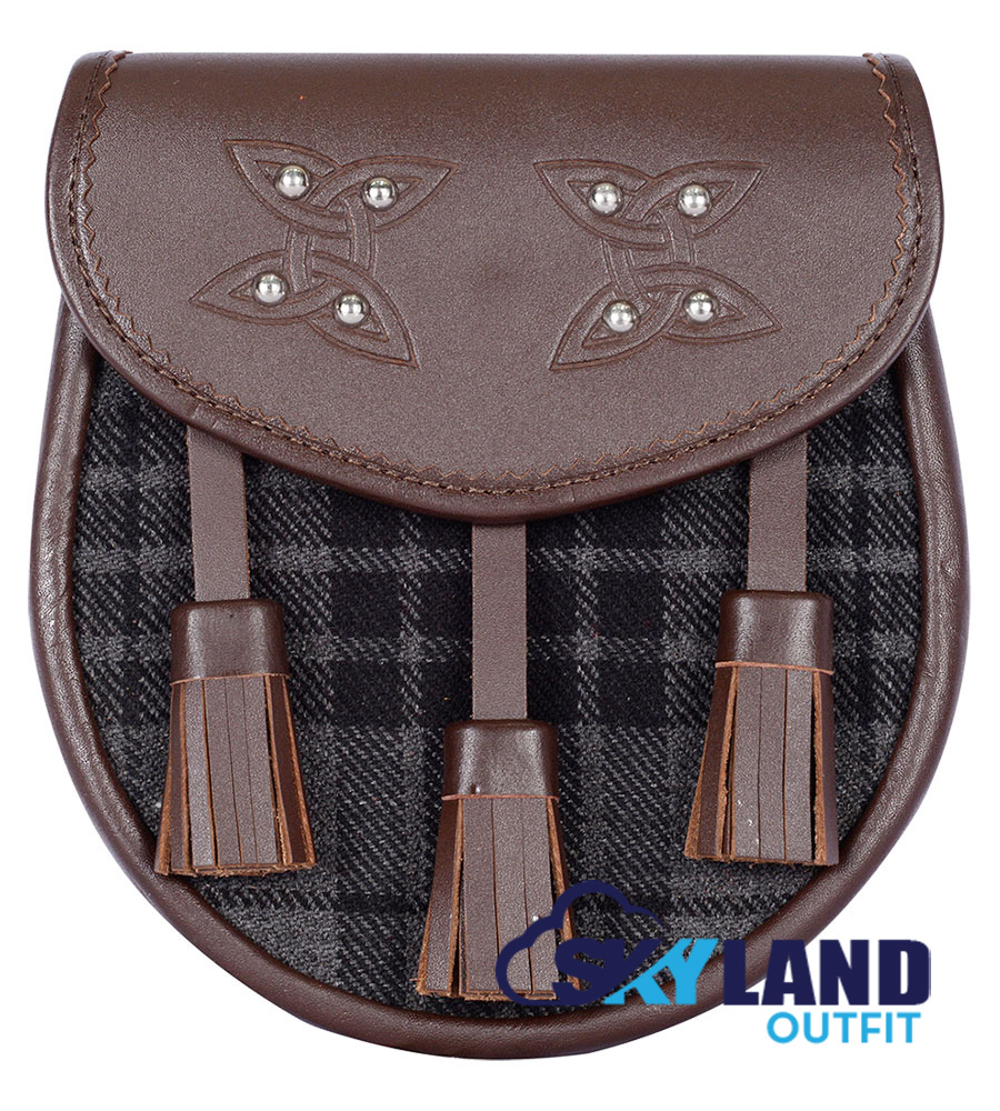 Grey Watch Tartan Sporran Brown Leather Scottish Sporran