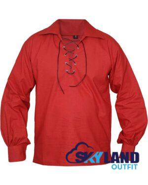 Jacobite Ghillie Kilt Shirt Red Cotton Jacobean Full Sleeve Shirt