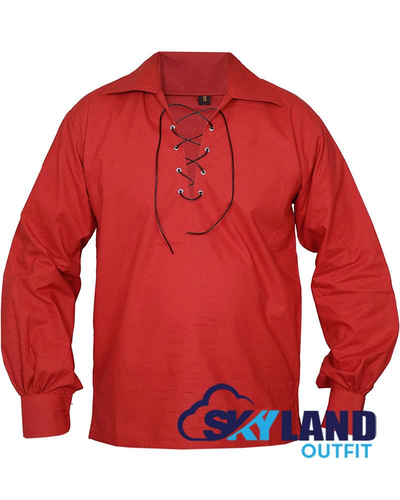 Jacobite Ghillie Kilt Shirt Red Cotton Jacobean Full Sleeve Shirt