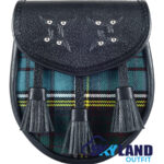 Anderson tartan sporran with black leather body and clan Anderson tartan front panel featuring chain strap and Scottish kilt pouch design