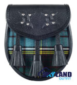 Anderson tartan sporran with black leather body and clan Anderson tartan front panel featuring chain strap and Scottish kilt pouch design
