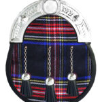 Black Stewart tartan full dress leather sporran with chrome Celtic cantle and three tassels on chain belt