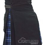 Man in Ramsey Blue tartan black cotton hybrid utility kilt