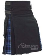 Man in Ramsey Blue tartan black cotton hybrid utility kilt