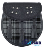 Hamilton Grey Tartan Sporran Black Leather Scottish Sporran