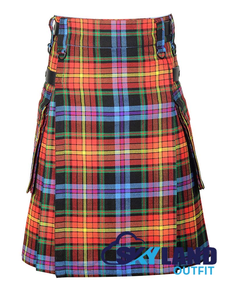 LGBTQ-pride-tartan-utility-kilt-front.jpg LGBTQ Pride Tartan Modern Utility Scottish Kilt for Highland Dress