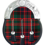 MacDonald tartan full dress leather sporran with red-black base and chrome Celtic cantle on chain belt
