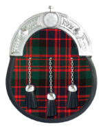 MacDonald tartan full dress leather sporran with red-black base and chrome Celtic cantle on chain belt