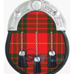 MacGregor tartan full dress leather sporran with red-black base and chrome Celtic cantle on chain belt